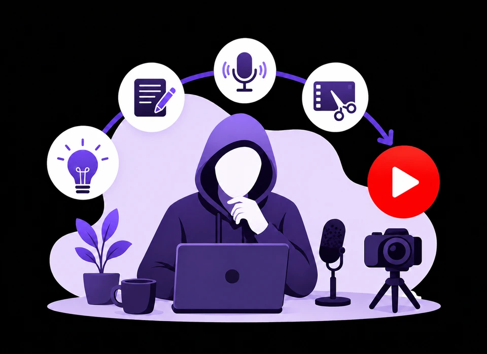 A creator at a desk with a laptop, microphone and camera; above, the stages of the work: idea, script, recording, editing, publishing